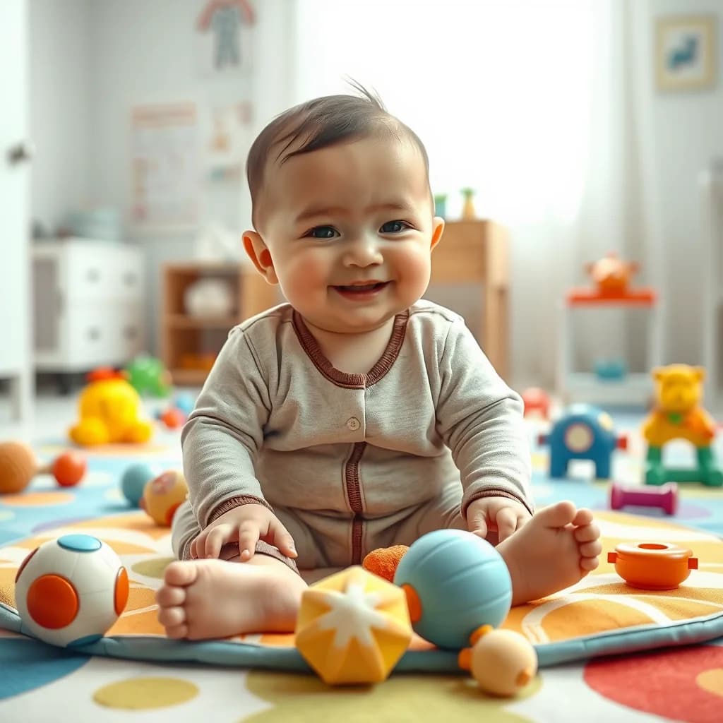 Bayi 8 bulan aktif bermain dengan mainan untuk stimulasi kognitif dan motorik