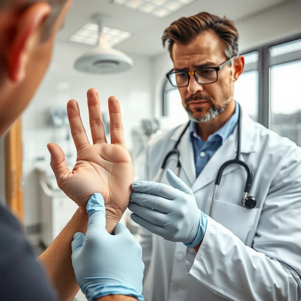 Dokter memeriksa tangan pasien untuk mendeteksi kondisi berkeringat berlebihan di klinik