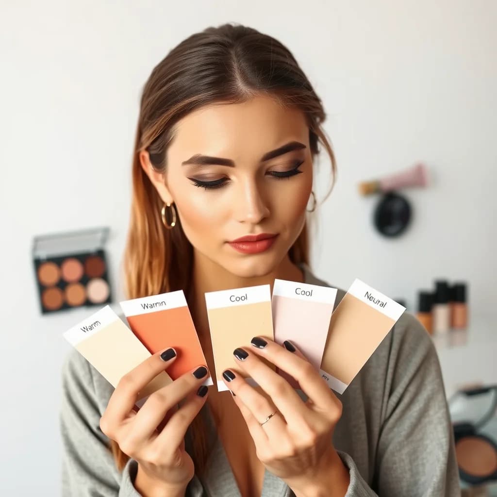 Perempuan membandingkan undertone kulitnya dengan kertas swatch untuk memilih warna kosmetik yang tepat