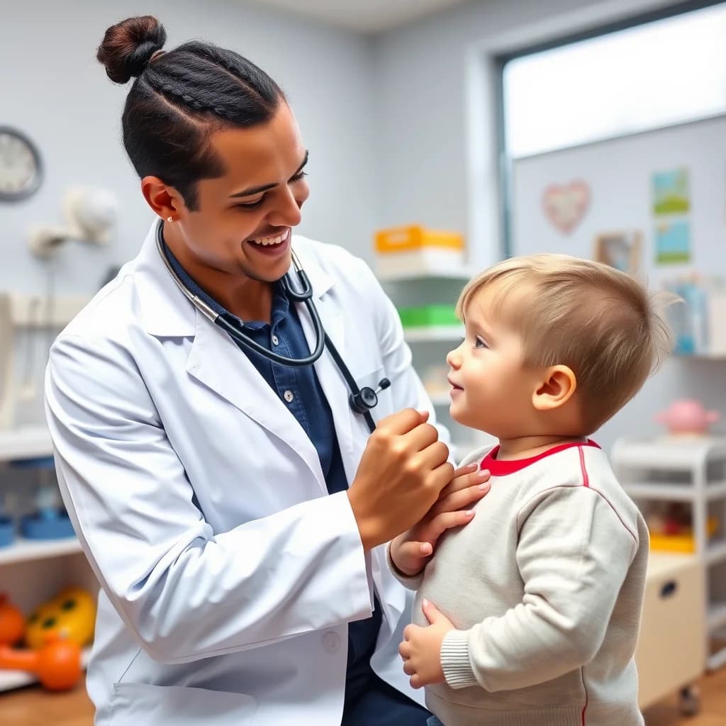 Dokter anak memeriksa dada anak untuk mendeteksi gejala pneumonia