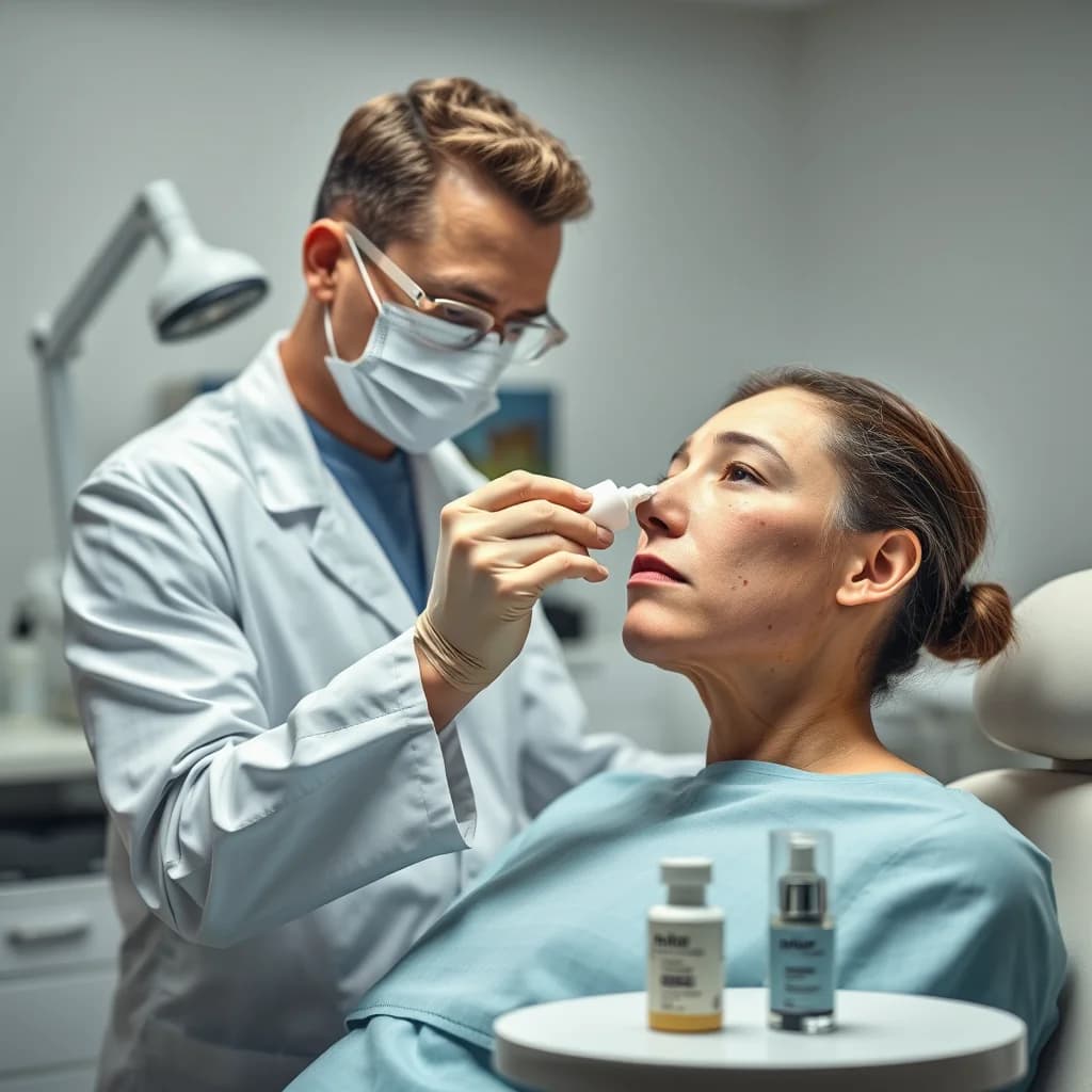 Dermatolog mempraktikkan perawatan kulit pasien dengan krim berbasis seng untuk jerawat